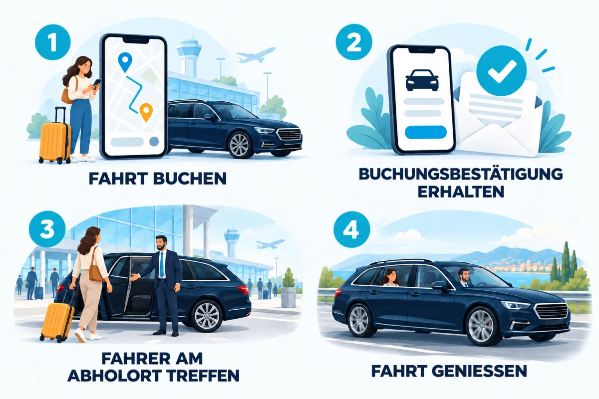 Illustration in vier Teilen: Fahrt buchen, Buchungsbestätigung erhalten, Fahrer am Abholort treffen, Fahrt genießen
