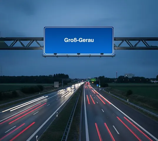 Motorway sign to Groß-Gerau at dusk