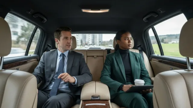 Two business travellers in the back seat of a saloon car – business transfer by Flying Star