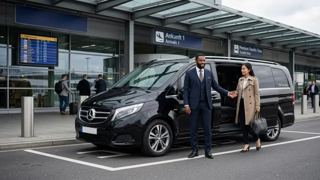 Driver greeting a traveller next to a black van at arrivals – Frankfurt airport taxi by Flying Star