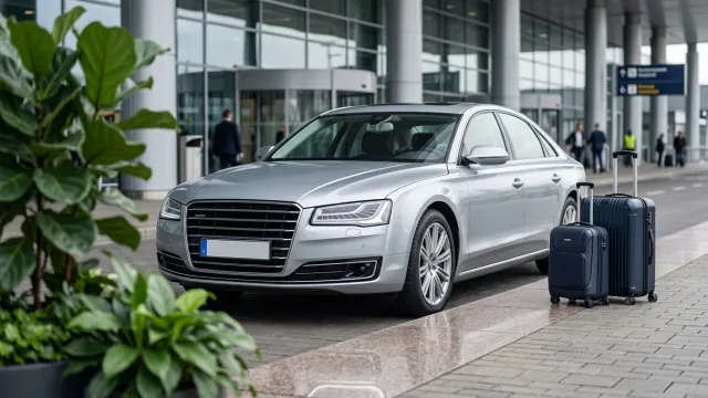 Silver saloon car with two suitcases in front of the terminal – Flying Star airport transfer Frankfurt