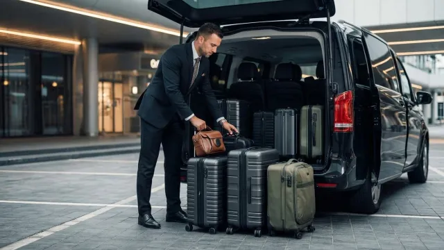Driver loading several suitcases into a black van – luggage transfer by Flying Star