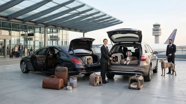 Dogs and cats in pet carriers in two cars at the airport – pet transfer by Flying Star
