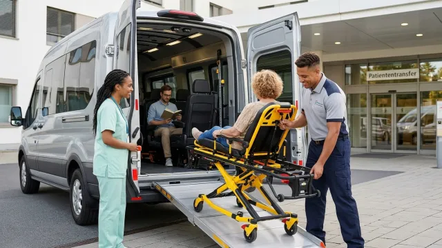 Driver helping a patient up a ramp into a van – patient transfer by Flying Star