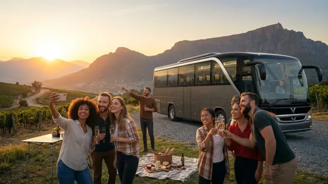 Group of travellers raising a toast in the vineyards at sunset – event and tour transfer by Flying Star