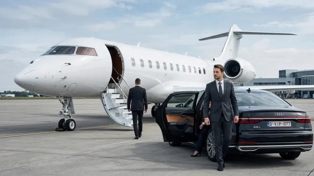 Chauffeur holding the door of a black saloon car next to a private jet – VIP transfer by Flying Star